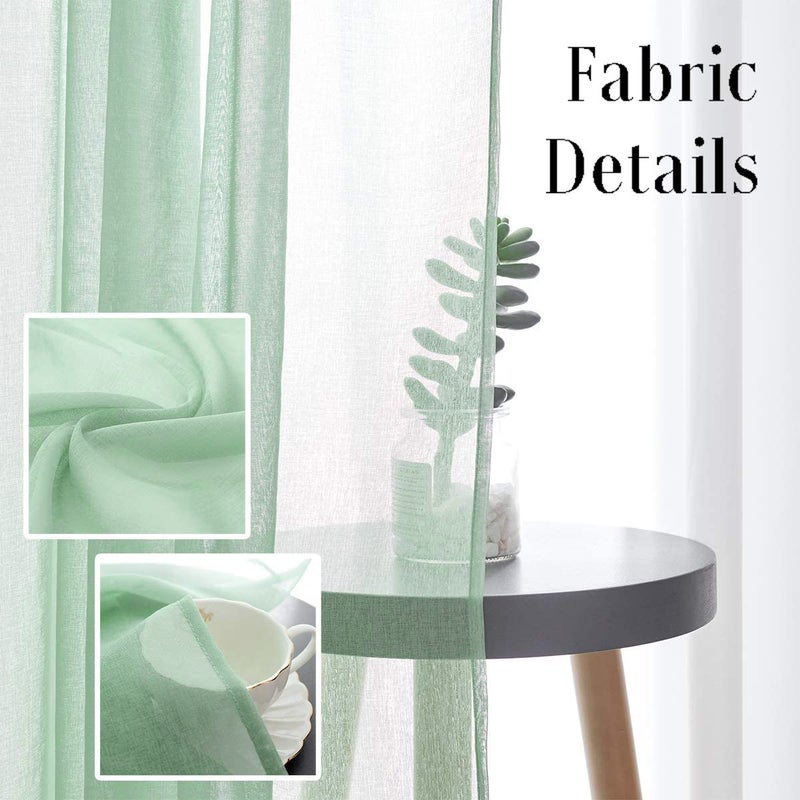 TOAVA DECO Mint Green Semi Sheer Curtains Rod Pocket 63 Inch Length Faux Linen Curtain Sage Green Sheers for Bedroom Living Room Girls Kids Room 2 Panels 52x63 - Image 2